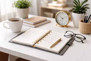 Organised workspace showing how respecting people’s time in small business starts with planning and structure