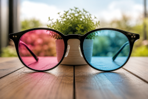 Pair of glasses with different coloured lenses showing the same object from two different perspectives