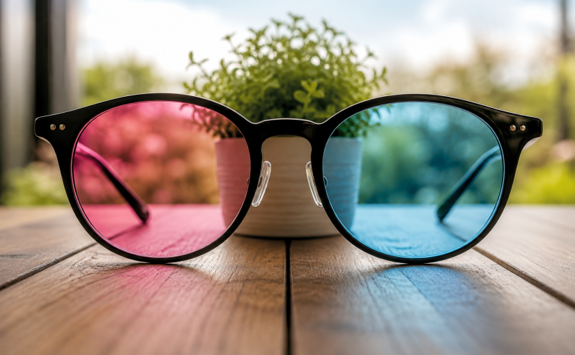 Pair of glasses with different coloured lenses showing the same object from two different perspectives
