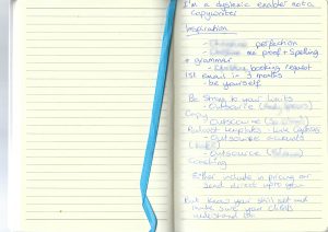 Handwritten notebook page showing brainstorming notes for a blog about being a dyslexic enabler rather than a copywriter