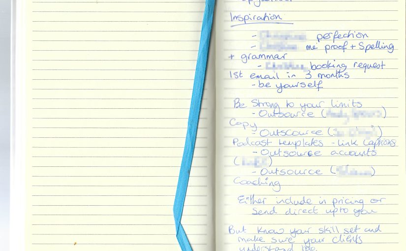 Handwritten notebook page showing brainstorming notes for a blog about being a dyslexic enabler rather than a copywriter