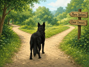 Illustration of a black shepherd-type dog standing at a crossroads path with multiple direction choices, representing decision-making and flexibility in business.