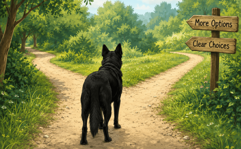 Illustration of a black shepherd-type dog standing at a crossroads path with multiple direction choices, representing decision-making and flexibility in business.