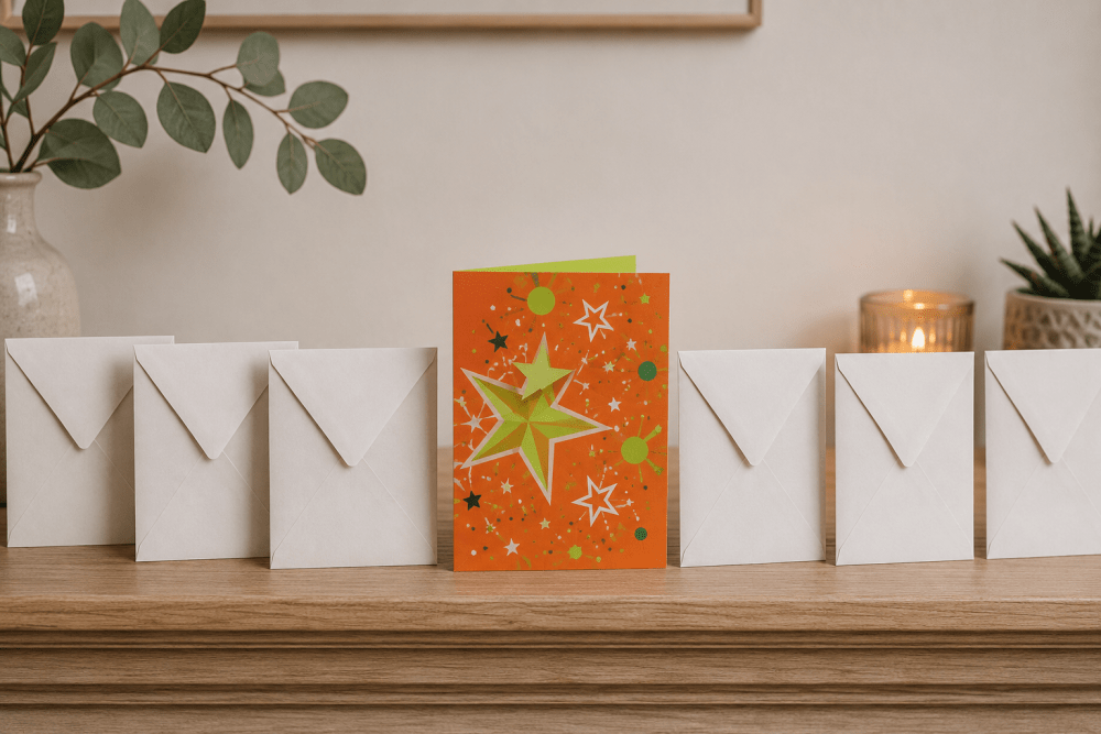 Recognisable branded greeting card amongst plain envelopes showing how customers identify a business through consistency