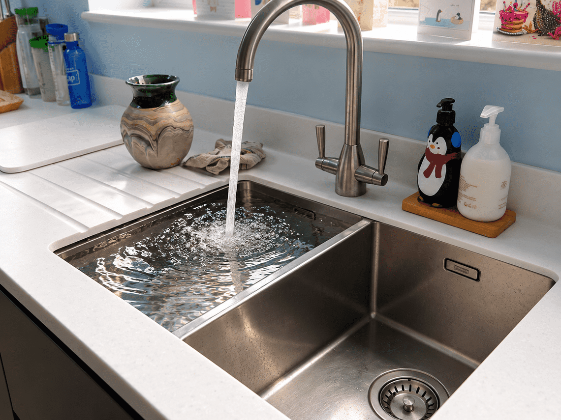 Kitchen sink filling with water from a running tap, illustrating emotional overwhelm and emotional capacity.